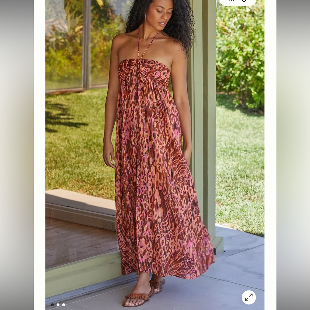 Strapless Pink & Brown Printed Maxi Dress